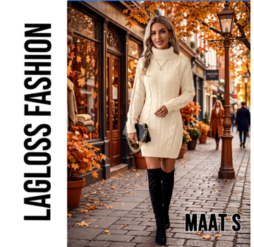 LaGloss Dames Trui-Jurk Beige – Kabelgebreide Winterjurk met Hoge Hals en Lange Mouwen - Maat S