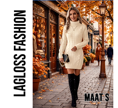 LaGloss LaGloss® Dames Trui-Jurk Beige – Kabelgebreide Winterjurk met Hoge Hals en Lange Mouwen - Maat S
