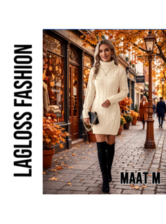 LaGloss Dames Trui-Jurk Beige – Kabelgebreide Winterjurk met Hoge Hals en Lange Mouwen - Maat M