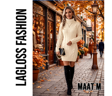 LaGloss Dames Trui-Jurk Beige – Kabelgebreide Winterjurk met Hoge Hals en Lange Mouwen - Maat M