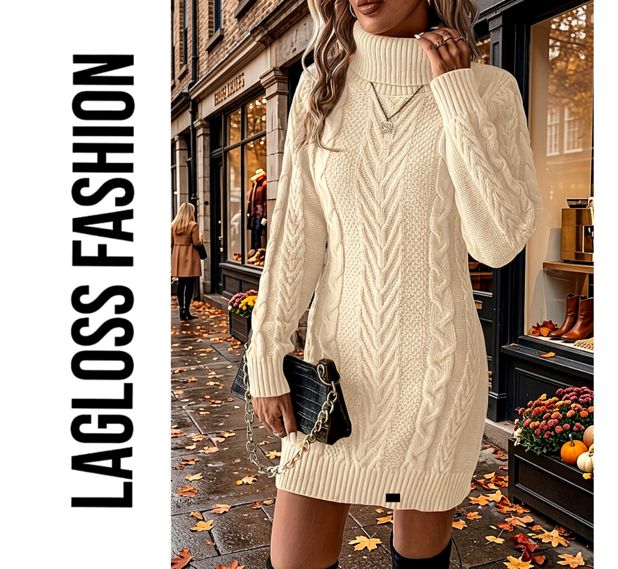 LaGloss® Dames Trui-Jurk Beige – Kabelgebreide Winterjurk met Hoge Hals en Lange Mouwen - Maat L
