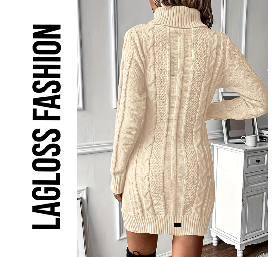 LaGloss® Dames Trui-Jurk Beige – Kabelgebreide Winterjurk met Hoge Hals en Lange Mouwen - Maat L