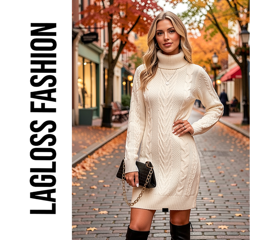 LaGloss® Dames Trui-Jurk Beige – Kabelgebreide Winterjurk met Hoge Hals en Lange Mouwen - Maat L