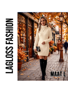 LaGloss Dames Trui-Jurk Beige – Kabelgebreide Winterjurk met Hoge Hals en Lange Mouwen - Maat L