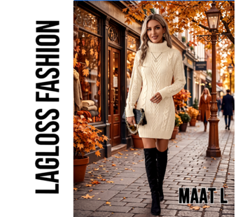 LaGloss Dames Trui-Jurk Beige – Kabelgebreide Winterjurk met Hoge Hals en Lange Mouwen - Maat L