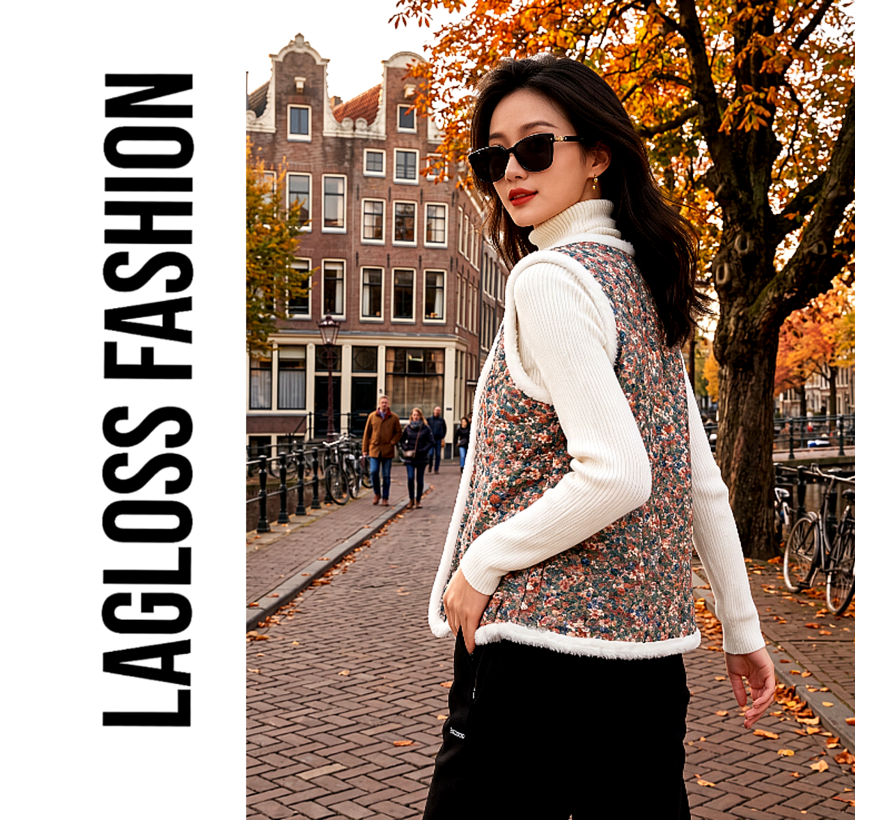 LaGloss® Dames Fleece Gevoerd Vest met Vintage Bloemen – Warm Mouwloos Wintervest – Zacht Dames Gilet - Maat M