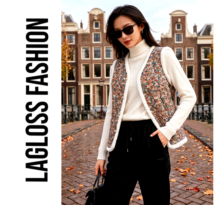 LaGloss® Dames Fleece Gevoerd Vest met Vintage Bloemen – Warm Mouwloos Wintervest – Zacht Dames Gilet - Maat M