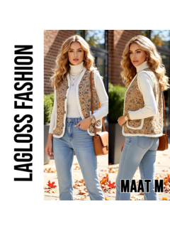 LaGloss Dames Mouwloos Vintage Teddy Bloemenvest Gilet met Pluche Voering Khaki - Maat M