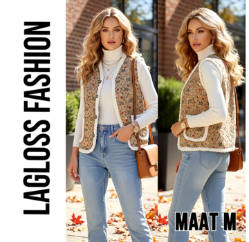 LaGloss Dames Mouwloos Vintage Teddy Bloemenvest Gilet met Pluche Voering Khaki - Maat M