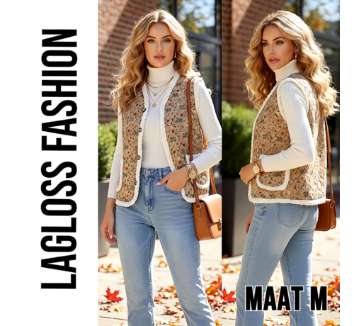 LaGloss LaGloss® Dames Vintage Bloemenvest – Mouwloos Teddy Gilet met Pluche Voering – Khaki - Maat M
