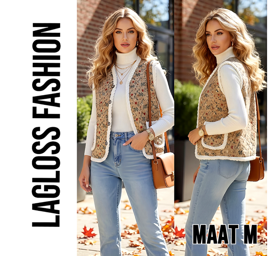 LaGloss® Dames Vintage Bloemenvest – Mouwloos Teddy Gilet met Pluche Voering – Khaki - Maat M