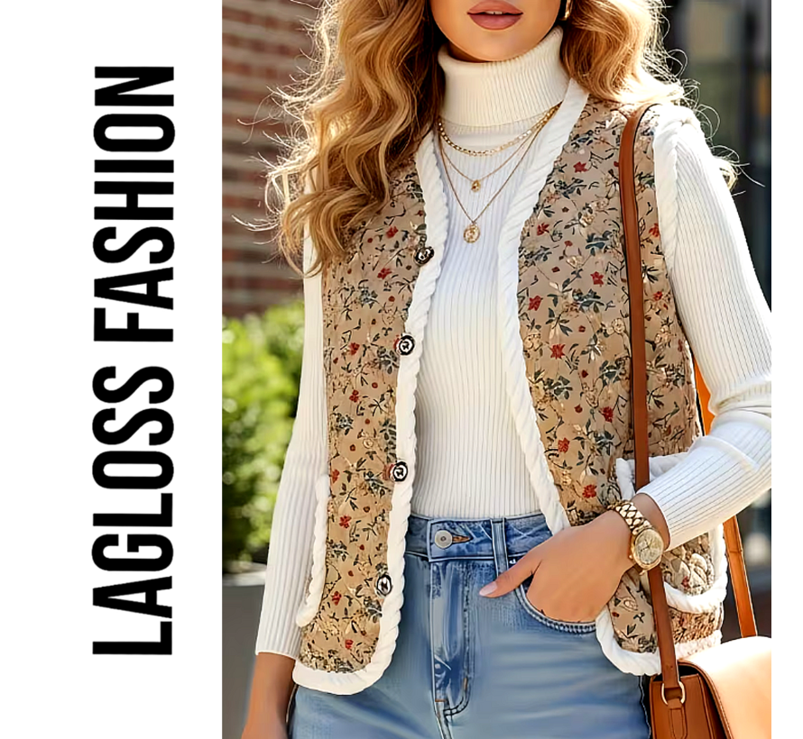LaGloss® Dames Vintage Bloemenvest – Mouwloos Teddy Gilet met Pluche Voering – Khaki - Maat M