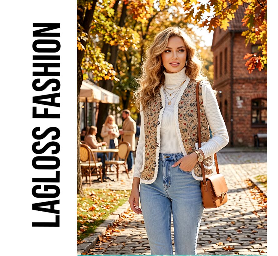 LaGloss® Dames Vintage Bloemenvest – Mouwloos Teddy Gilet met Pluche Voering – Khaki - Maat M