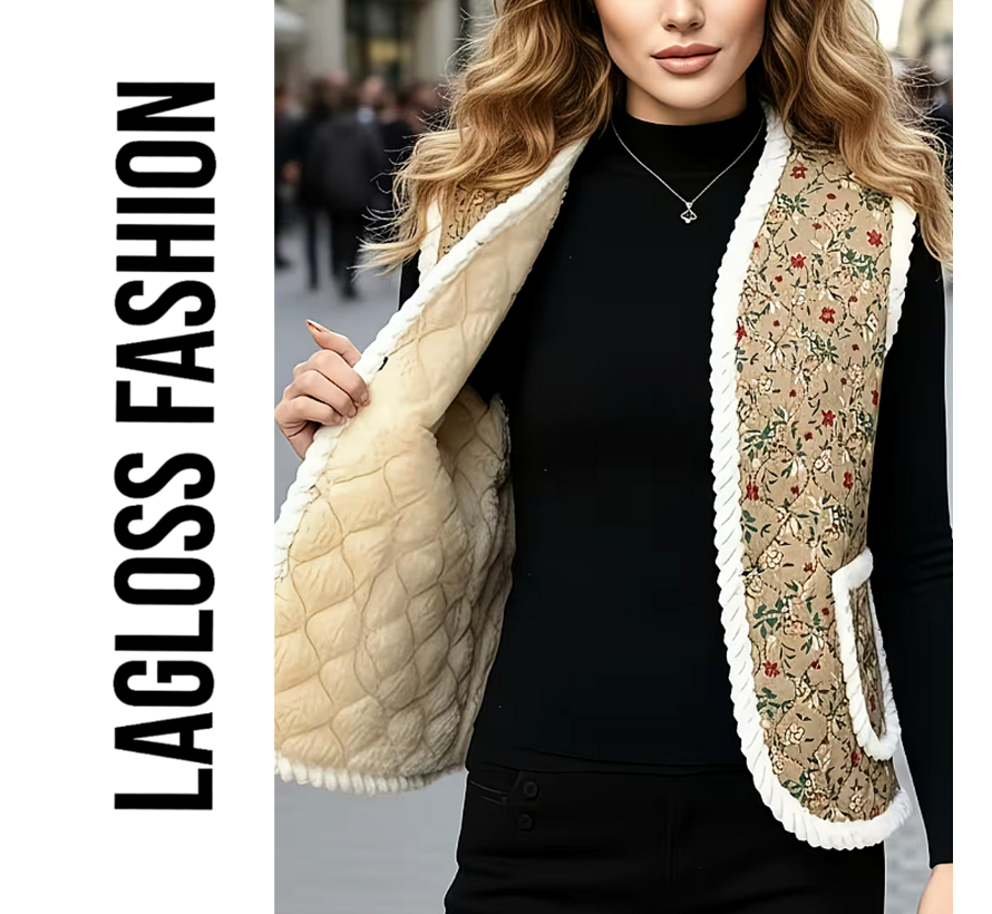 LaGloss® Dames Vintage Bloemenvest – Mouwloos Teddy Gilet met Pluche Voering – Khaki - Maat M