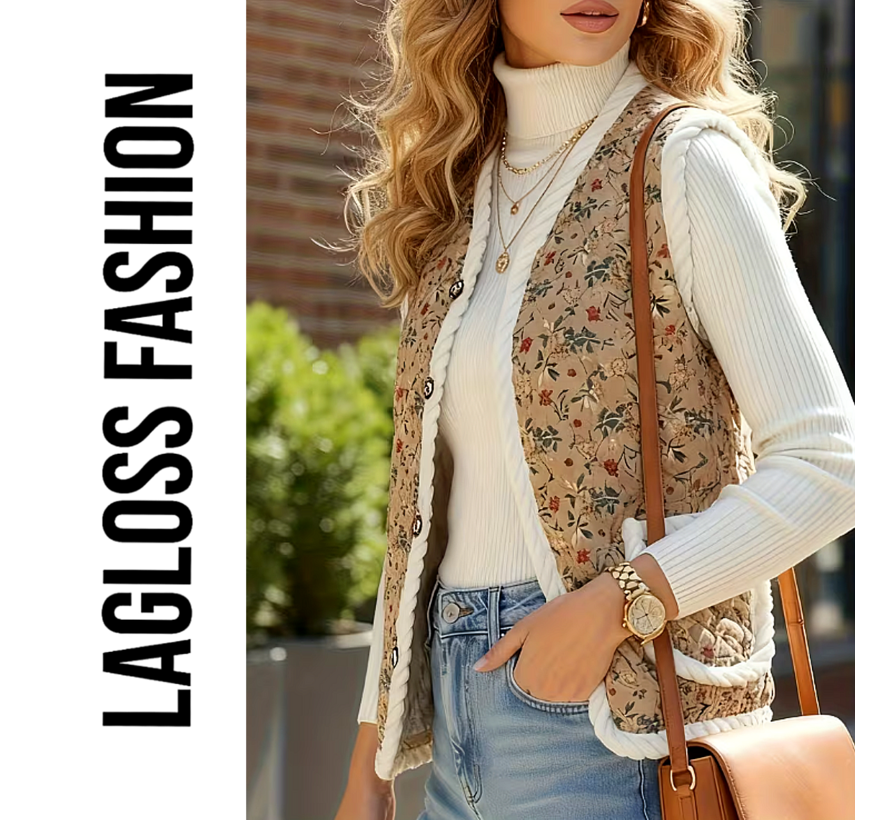 LaGloss® Dames Vintage Bloemenvest – Mouwloos Teddy Gilet met Pluche Voering – Khaki - Maat L