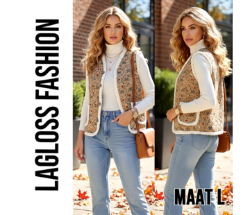 LaGloss Dames Mouwloos Vintage Teddy Bloemenvest Gilet met Pluche Voering Khaki - Maat L