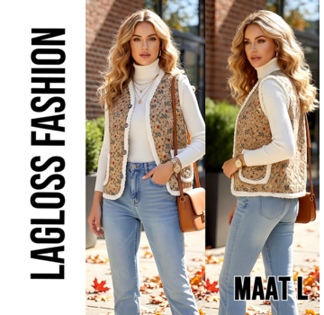 LaGloss Dames Mouwloos Vintage Teddy Bloemenvest Gilet met Pluche Voering Khaki - Maat L