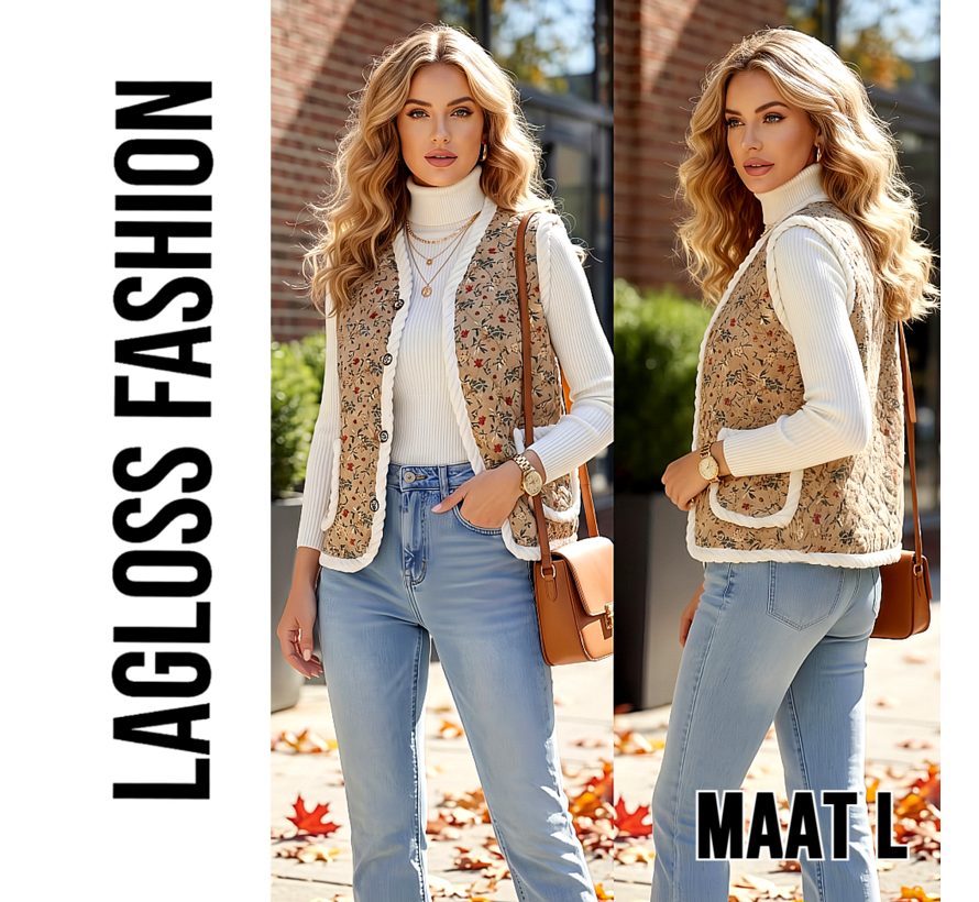 LaGloss® Dames Vintage Bloemenvest – Mouwloos Teddy Gilet met Pluche Voering – Khaki - Maat L