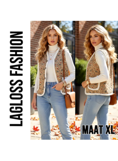 LaGloss Dames Mouwloos Vintage Teddy Bloemenvest Gilet met Pluche Voering Khaki - Maat XL