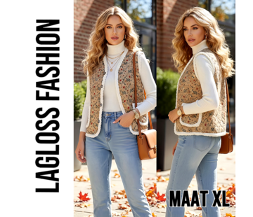 LaGloss Dames Mouwloos Vintage Teddy Bloemenvest Gilet met Pluche Voering Khaki - Maat XL