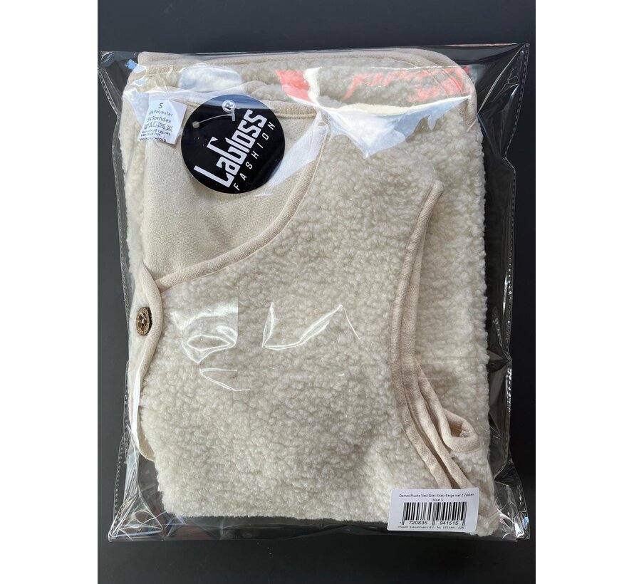 LaGloss® Dames Pluche Vest Gilet Khaki-Beige – Warm Mouwloos Teddy Vest met 2 Zakken – Maat S
