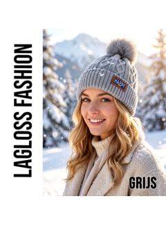 LaGloss Wintermuts Grijs – Gebreide Dames Beanie met Nep Pompom