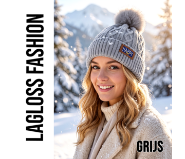LaGloss Wintermuts Grijs – Gebreide Dames Beanie met Nep Pompom