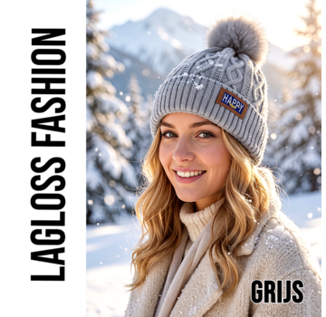 LaGloss Wintermuts Grijs – Gebreide Dames Beanie met Nep Pompom