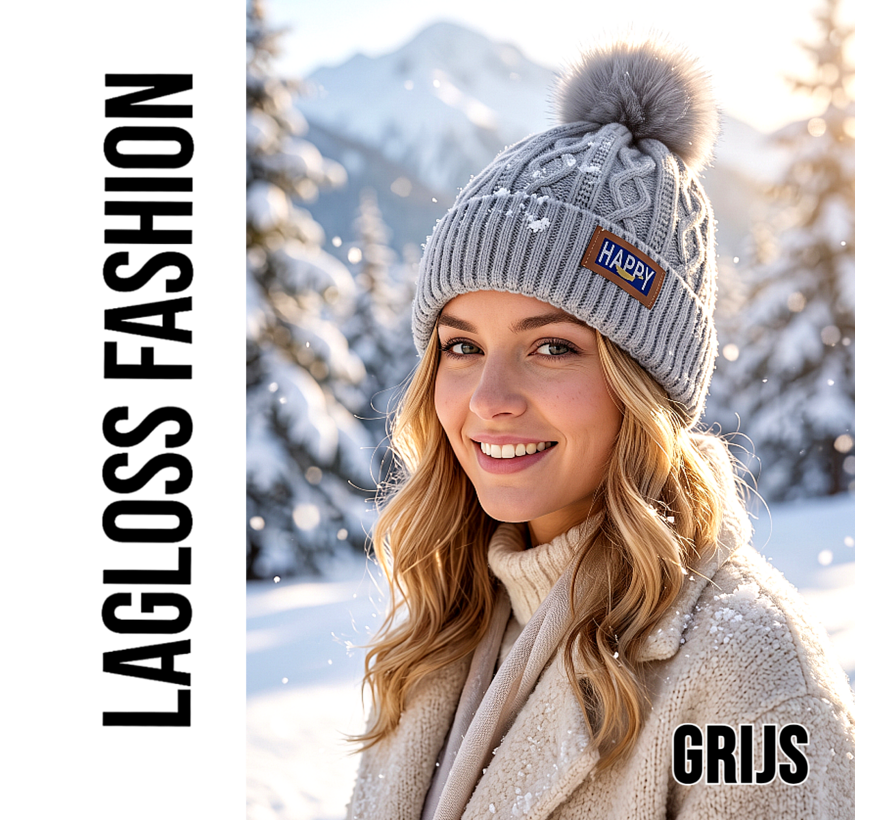 LaGloss® Wintermuts Grijs – Gebreide Beanie met Nep Pompom & Happy Patch – Warme Skimuts voor Dames
