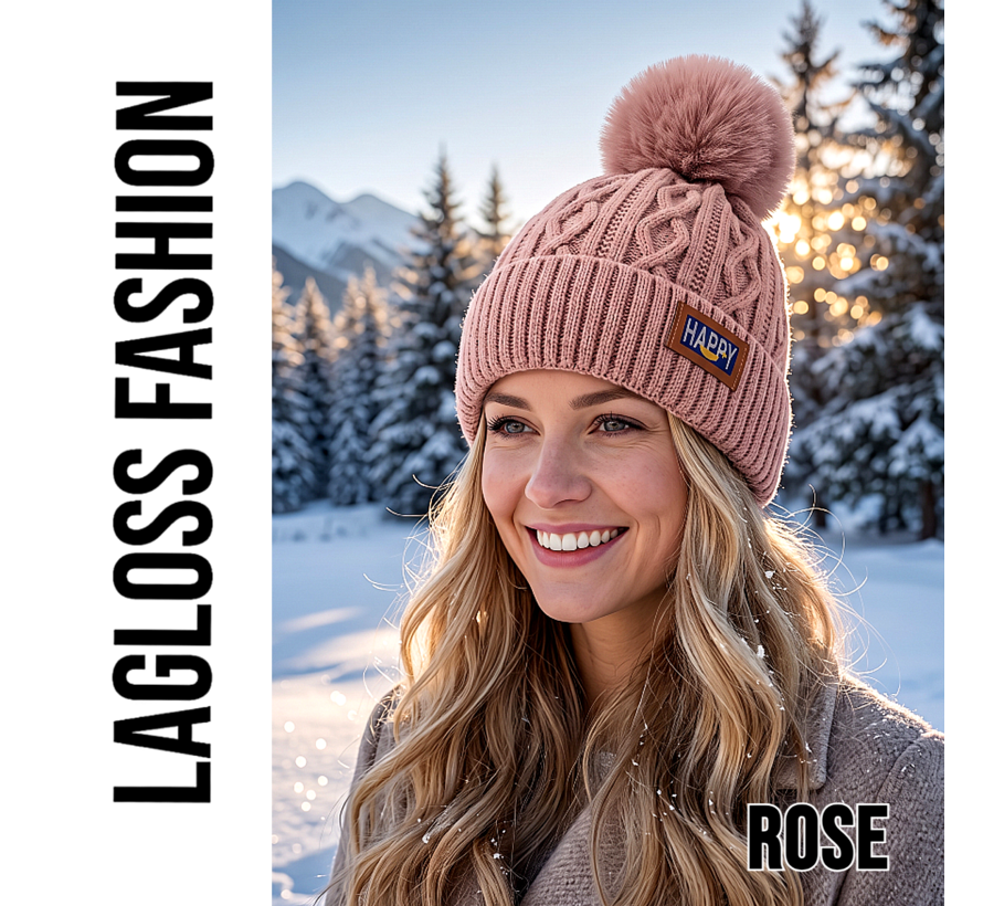 LaGloss® Wintermuts Roze – Gebreide Beanie met Nep Pompom & Happy Patch – Warme Skimuts voor Dames