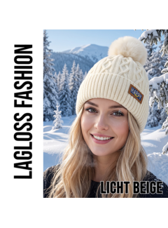LaGloss Wintermuts Creme – Gebreide Dames Beanie met Nep Pompom