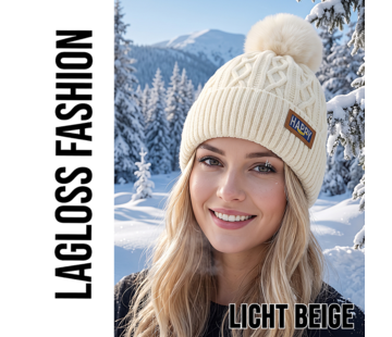 LaGloss Wintermuts Creme – Gebreide Dames Beanie met Nep Pompom