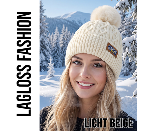 LaGloss LaGloss® Wintermuts Creme – Gebreide Beanie met Nep Pompom & Happy Patch – Warme Skimuts voor Dames