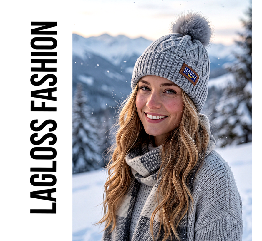 LaGloss® Wintermuts Grijs – Gebreide Beanie met Nep Pompom & Happy Patch – Warme Skimuts voor Dames