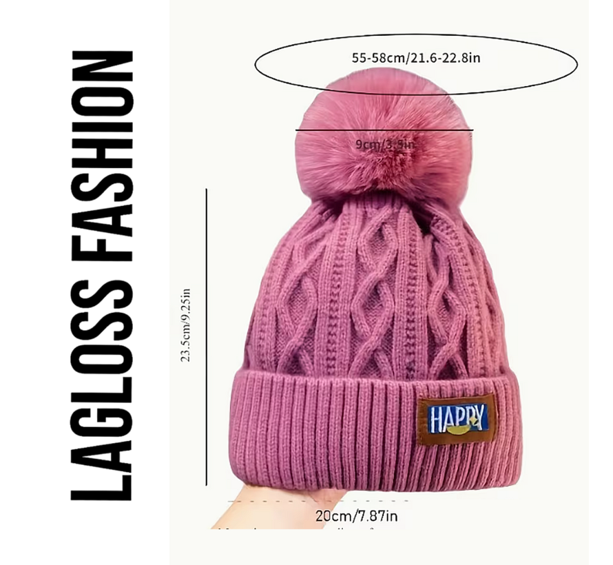 LaGloss® Wintermuts Grijs – Gebreide Beanie met Nep Pompom & Happy Patch – Warme Skimuts voor Dames