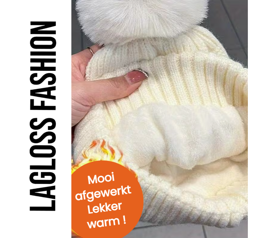 LaGloss® Wintermuts Grijs – Gebreide Beanie met Nep Pompom & Happy Patch – Warme Skimuts voor Dames
