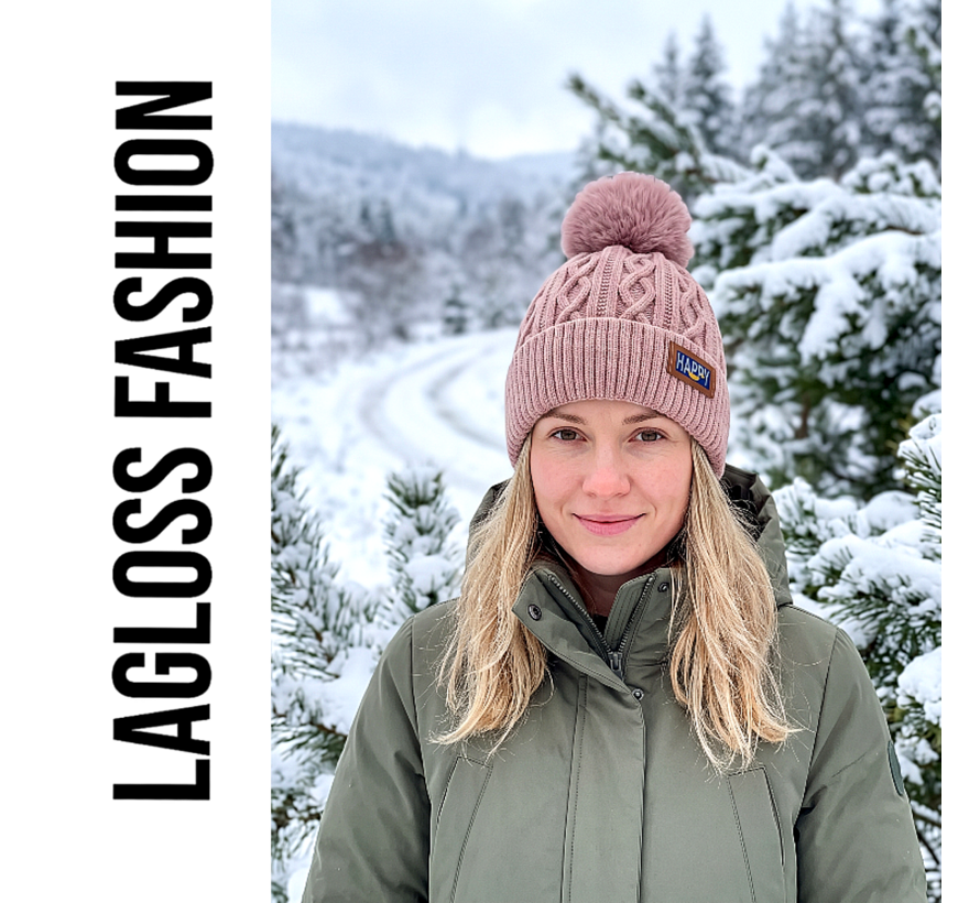 LaGloss® Wintermuts Roze – Gebreide Beanie met Nep Pompom & Happy Patch – Warme Skimuts voor Dames