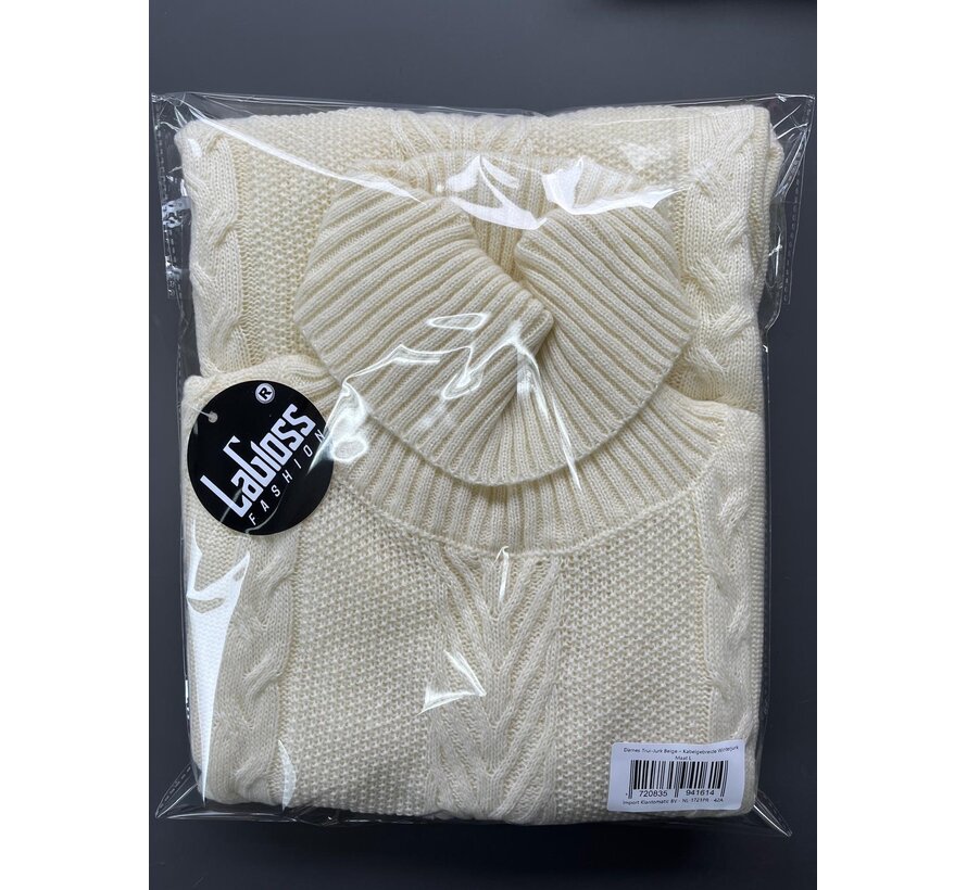 LaGloss® Dames Trui-Jurk Beige – Kabelgebreide Winterjurk met Hoge Hals en Lange Mouwen - Maat L