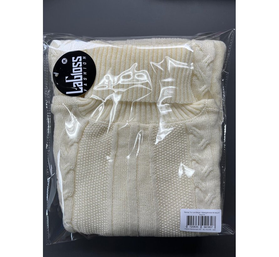 LaGloss® Dames Trui-Jurk Beige – Kabelgebreide Winterjurk met Hoge Hals en Lange Mouwen - Maat M