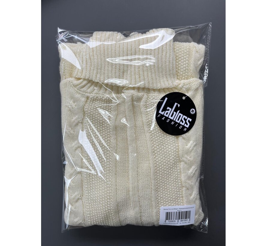 LaGloss® Dames Trui-Jurk Beige – Kabelgebreide Winterjurk met Hoge Hals en Lange Mouwen - Maat S