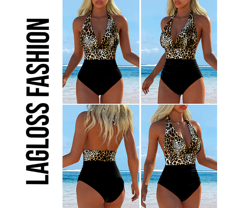 LaGloss® Dames Panter Badpak – Sexy Eendelig Zwempak met Diepe V-Hals - Maat S