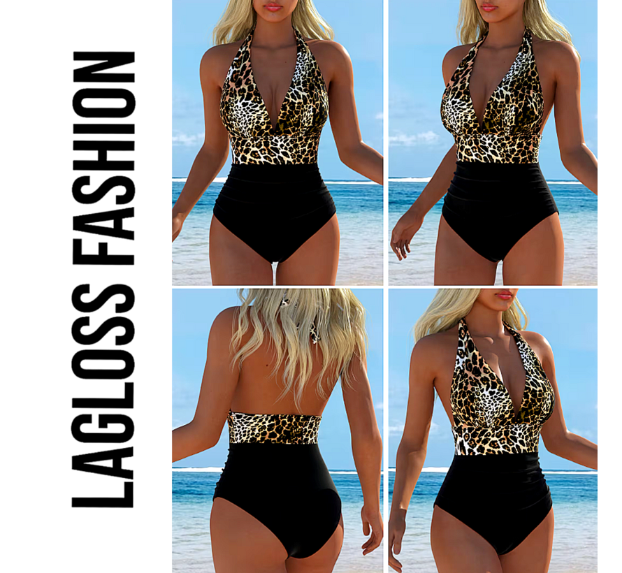 LaGloss® Dames Panter Badpak – Sexy Eendelig Zwempak met Diepe V-Hals - Maat M