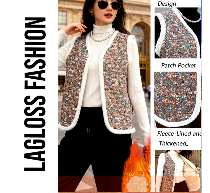 LaGloss® Dames Fleece Gevoerd Vest met Vintage Bloemen – Warm Mouwloos Wintervest – Zacht Dames Gilet - Maat L