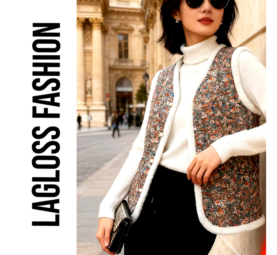 LaGloss® Dames Fleece Gevoerd Vest met Vintage Bloemen – Warm Mouwloos Wintervest – Zacht Dames Gilet - Maat L