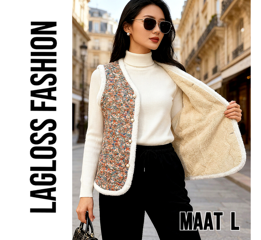 LaGloss® Dames Fleece Gevoerd Vest met Vintage Bloemen – Warm Mouwloos Wintervest – Zacht Dames Gilet - Maat L