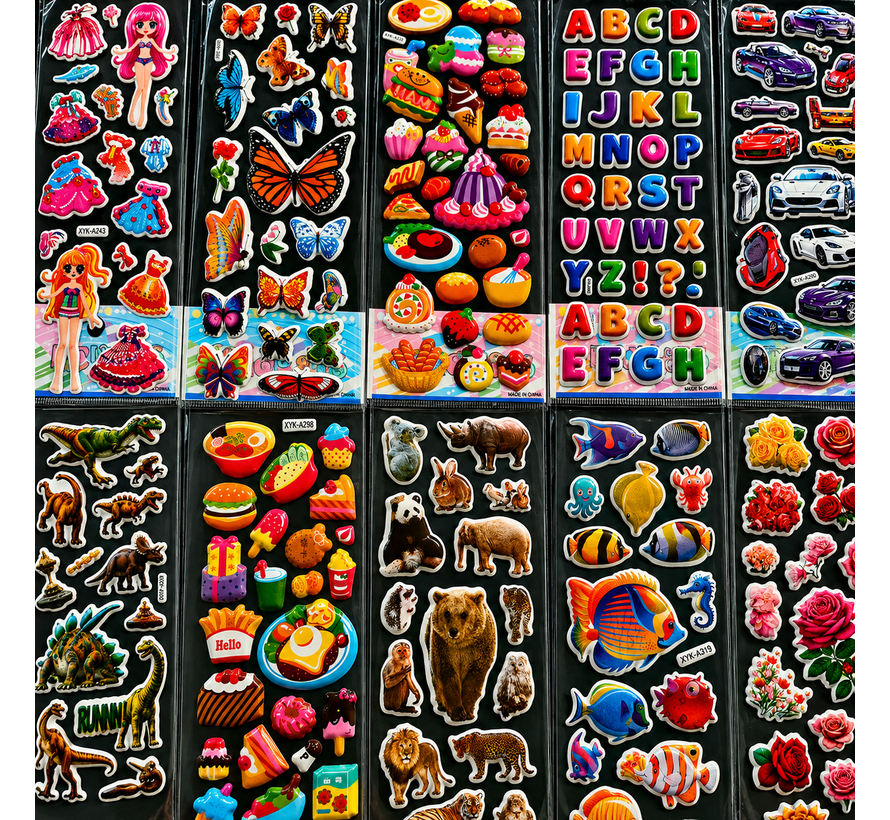 3D Stickers Kinderen – 1000 Stickers – 50 Vellen – Dieren, Dino's, Auto's, Hartjes & Meer – Foam Stickers