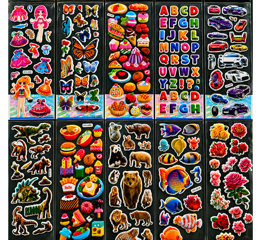 3D Stickers Kinderen – 1000 Stickers – 50 Vellen – Dieren, Dino's, Auto's, Hartjes & Meer – Foam Stickers