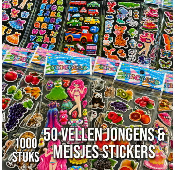 Allernieuwste.nl® 3D Stickers Kinderen – 50 Vellen – Dieren, Dino's, Auto's, Hartjes & Meer