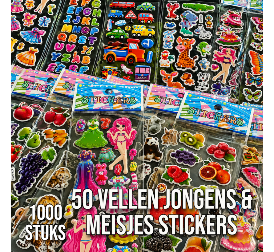 3D Stickers Kinderen – 1000 Stickers – 50 Vellen – Dieren, Dino's, Auto's, Hartjes & Meer – Foam Stickers