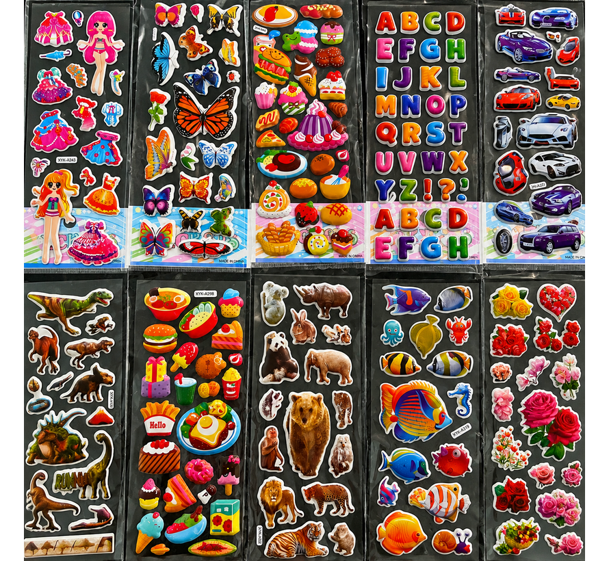 3D Stickers Jongens – 1000 Stickers – 50 Vellen – Dinosaurus, Auto's, Voertuigen & Meer – Foam Stickers